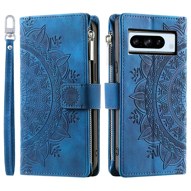 For Google Pixel 9 Pro Wallet Case PU Leather Wrist Strap Stand Feature Phone Cover