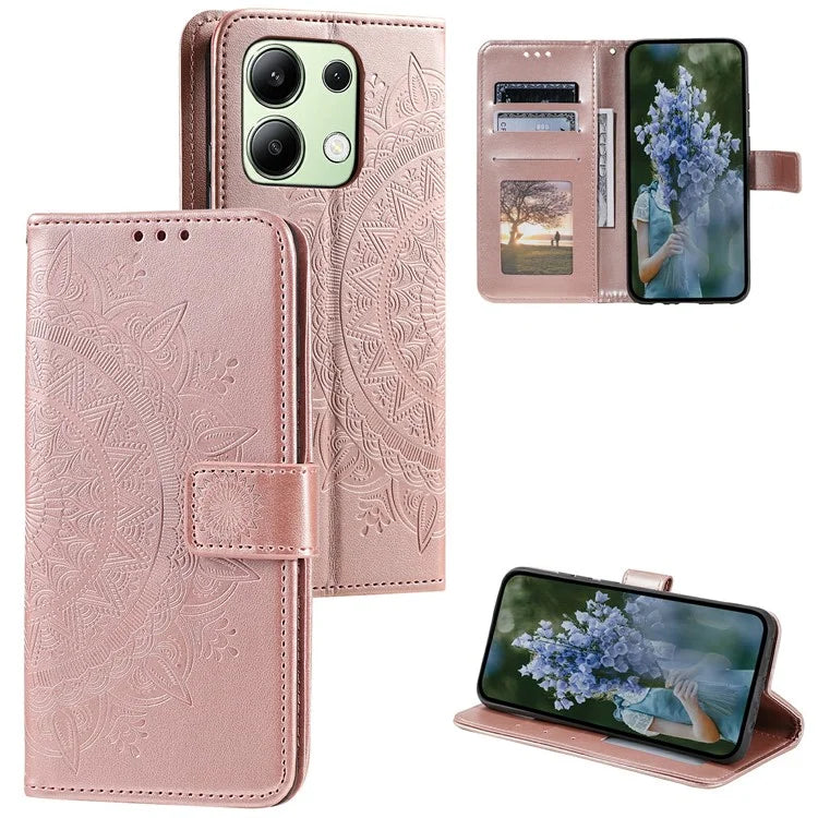 For Xiaomi Redmi Note 13 4G PU Leather Phone Case Imprinted Mandala Flower Stand Wallet Cover