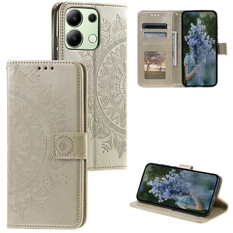 For Xiaomi Redmi Note 13 4G PU Leather Phone Case Imprinted Mandala Flower Stand Wallet Cover