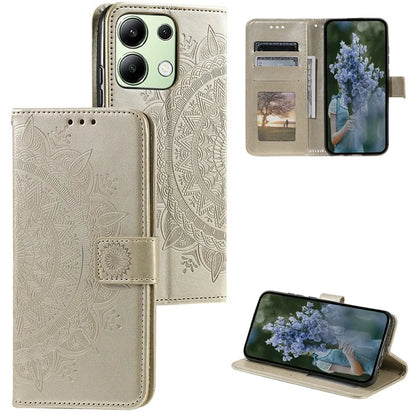 For Xiaomi Redmi Note 13 4G PU Leather Phone Case Imprinted Mandala Flower Stand Wallet Cover