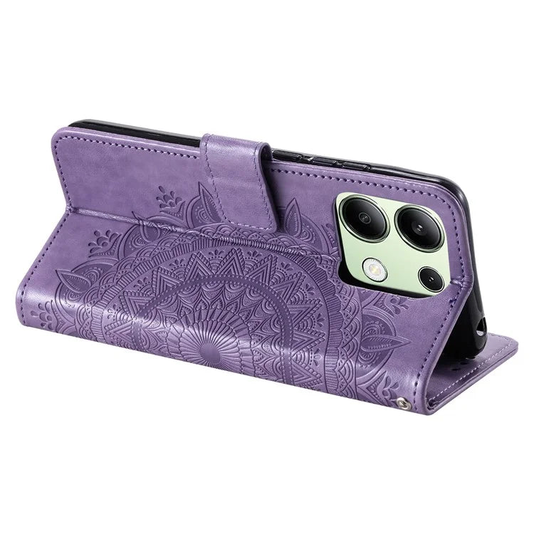 For Xiaomi Redmi Note 13 4G PU Leather Phone Case Imprinted Mandala Flower Stand Wallet Cover