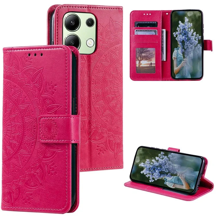 For Xiaomi Redmi Note 13 4G PU Leather Phone Case Imprinted Mandala Flower Stand Wallet Cover
