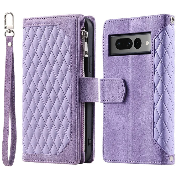 For Google Pixel 9 Pro Cell Phone Case Wallet Stand Cover with Rhombus Texture