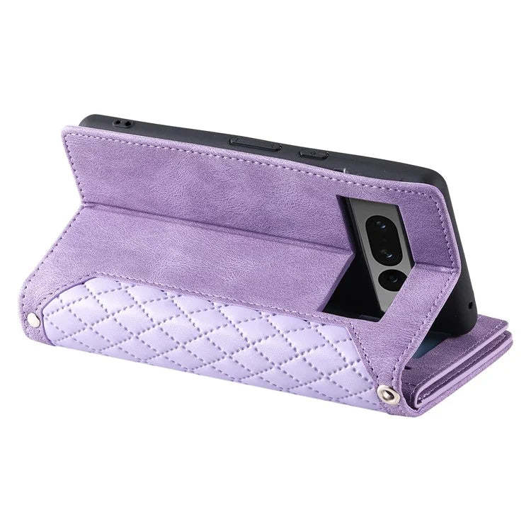 For Google Pixel 9 Pro Cell Phone Case Wallet Stand Cover with Rhombus Texture