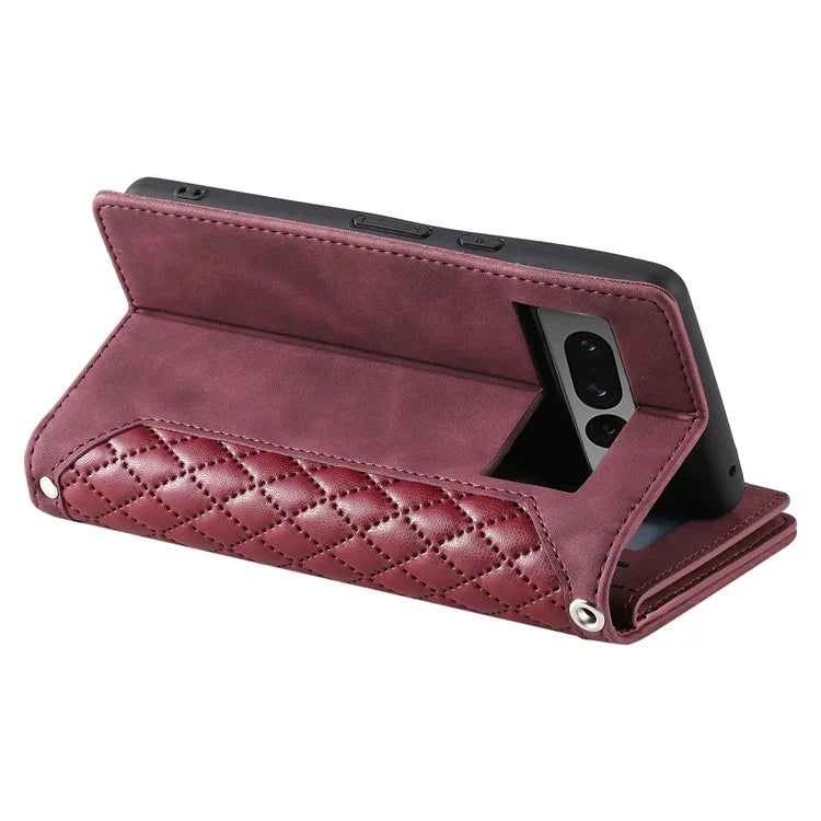 For Google Pixel 9 Pro Cell Phone Case Wallet Stand Cover with Rhombus Texture