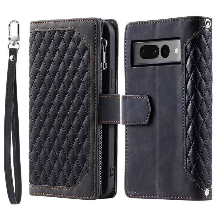 For Google Pixel 9 Pro Cell Phone Case Wallet Stand Cover with Rhombus Texture