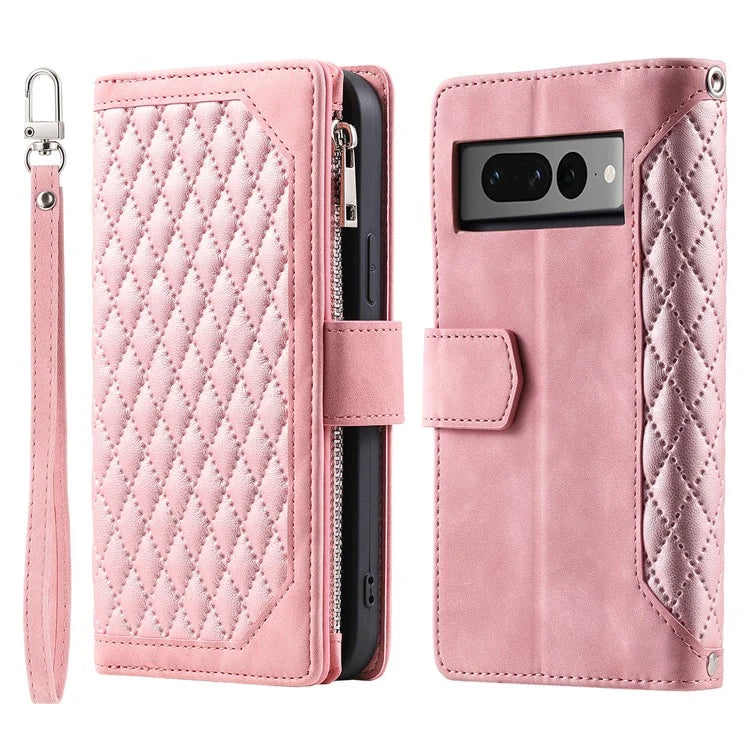 For Google Pixel 9 Pro Cell Phone Case Wallet Stand Cover with Rhombus Texture