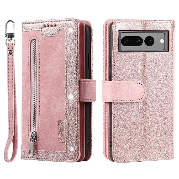 For Google Pixel 9 Pro Leather Case Zipper Pocket Phone Cover with 9 Card HolderRose Gold