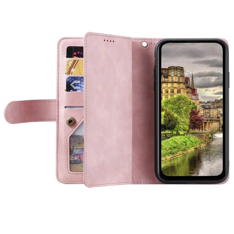For Google Pixel 9 Pro Leather Case Zipper Pocket Phone Cover with 9 Card HolderRose Gold