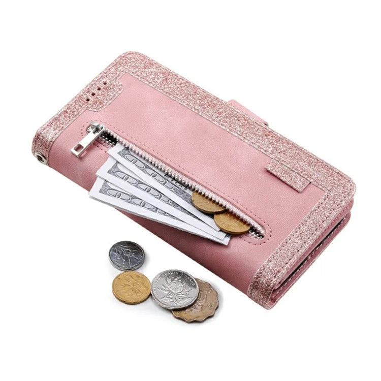 For Google Pixel 9 Pro Leather Case Zipper Pocket Phone Cover with 9 Card HolderRose Gold