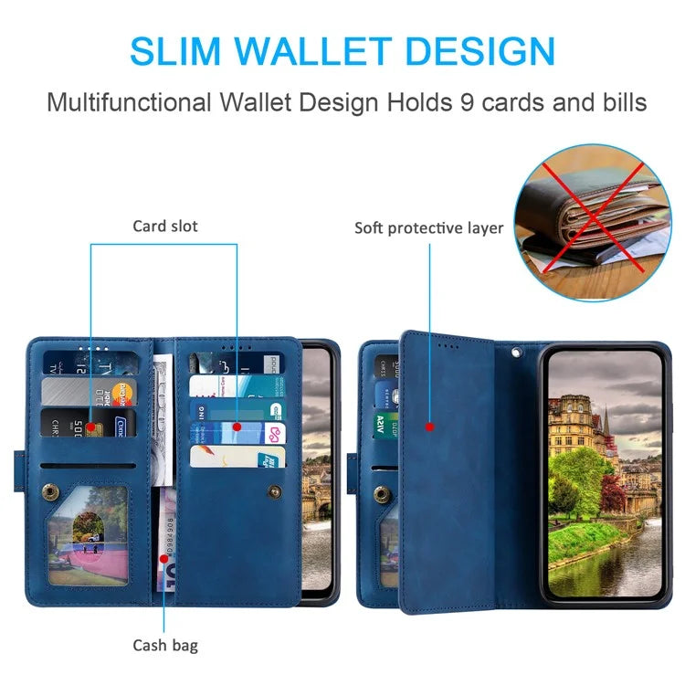 For Xiaomi Redmi Note 13 Pro 4G / Poco M6 Pro 4G Case Zipper Leather Cover with 9 Card Slots