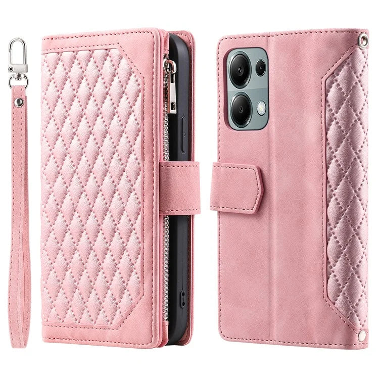 For Xiaomi Redmi Note 13 Pro 4G / Poco M6 Pro 4G Case Zipper Pocket Leather Phone Cover with Wrist Strap