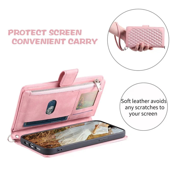 For Xiaomi Redmi Note 13 Pro 4G / Poco M6 Pro 4G Case Zipper Pocket Leather Phone Cover with Wrist Strap