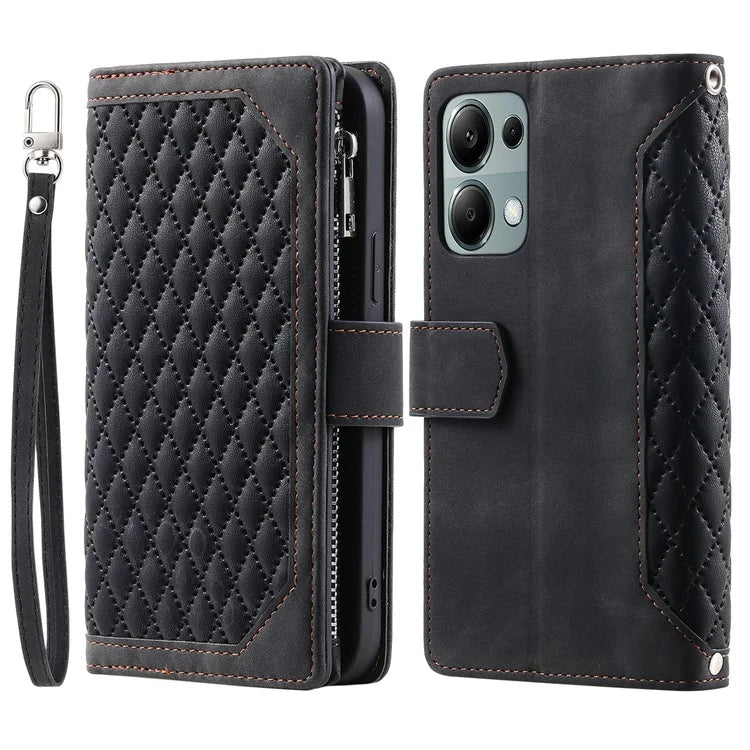 For Xiaomi Redmi Note 13 Pro 4G / Poco M6 Pro 4G Case Zipper Pocket Leather Phone Cover with Wrist Strap
