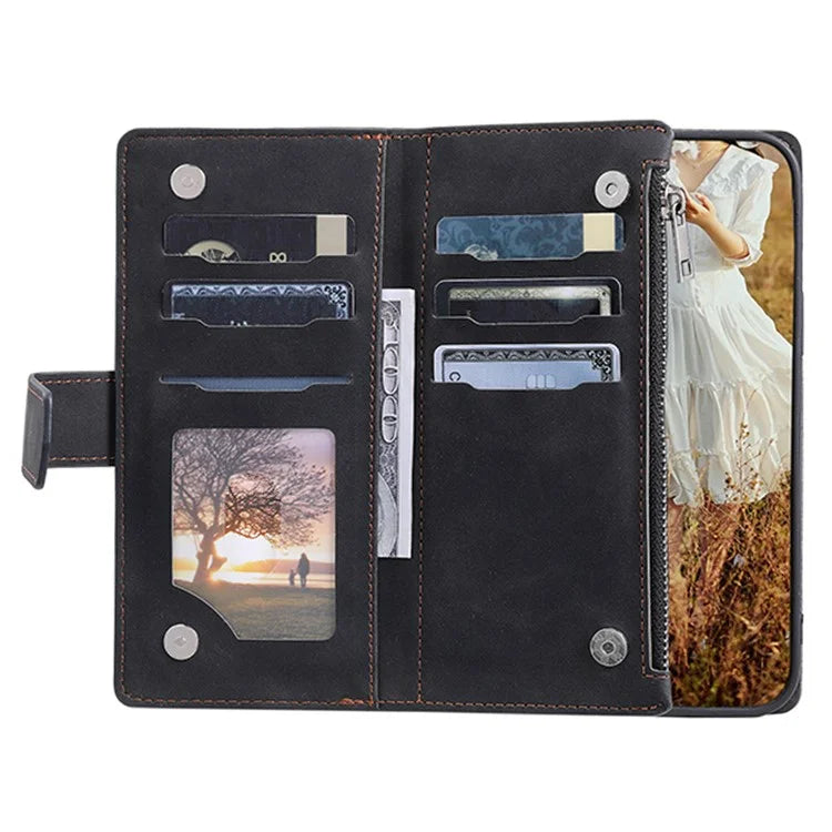 For Xiaomi Redmi Note 13 Pro 4G / Poco M6 Pro 4G Case Zipper Pocket Leather Phone Cover with Wrist Strap