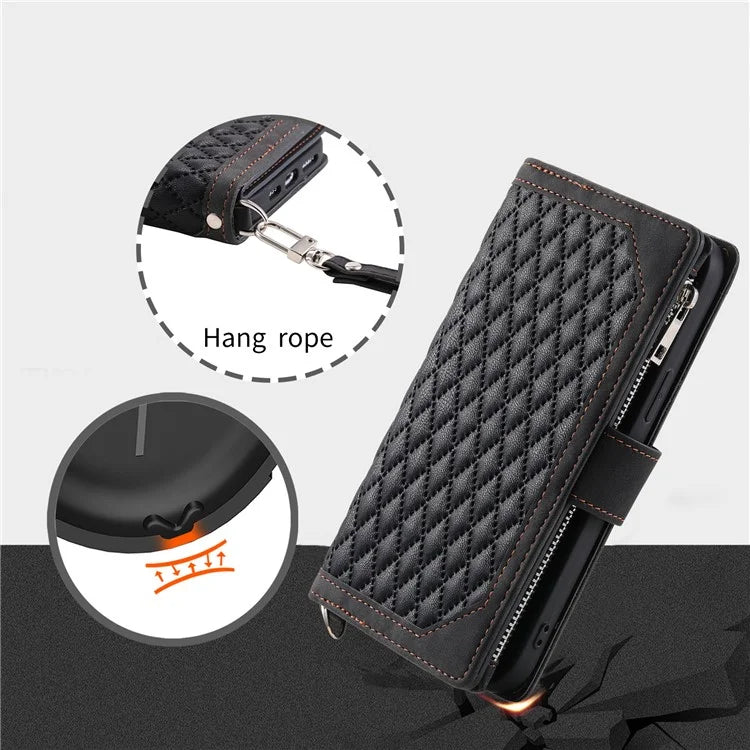 For Xiaomi Redmi Note 13 Pro 4G / Poco M6 Pro 4G Case Zipper Pocket Leather Phone Cover with Wrist Strap