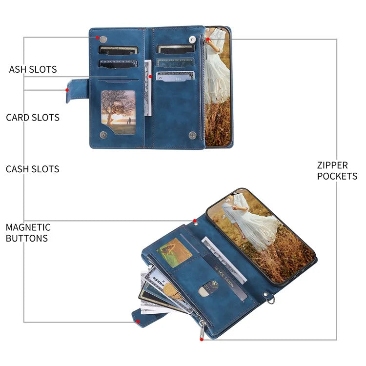 For Xiaomi Redmi Note 13 Pro 4G / Poco M6 Pro 4G Case Zipper Pocket Leather Phone Cover with Wrist Strap