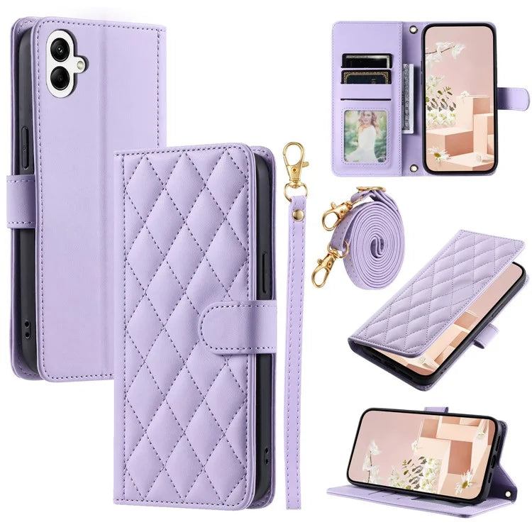 For Samsung Galaxy A05 4G Case Rhombus Grid Anti-scratch Phone Cover with 2 Straps