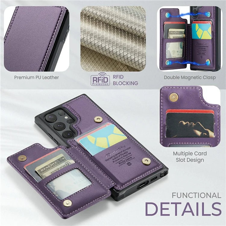 CASEME C22 Series For Samsung Galaxy S24 Ultra Cell Phone Case Glossy RFID Blocking 5 Card Slots Cover