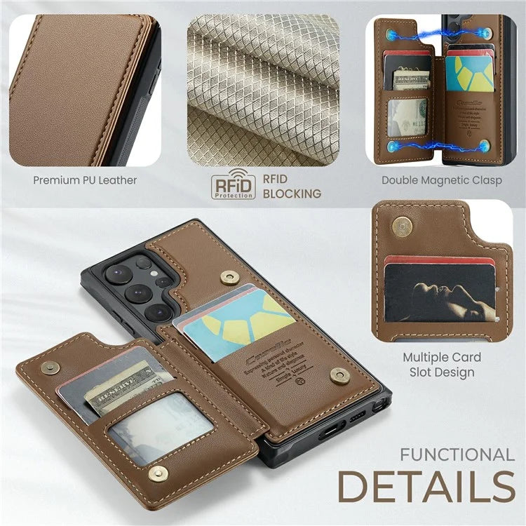 CASEME C22 Series For Samsung Galaxy S24 Ultra Cell Phone Case Glossy RFID Blocking 5 Card Slots Cover