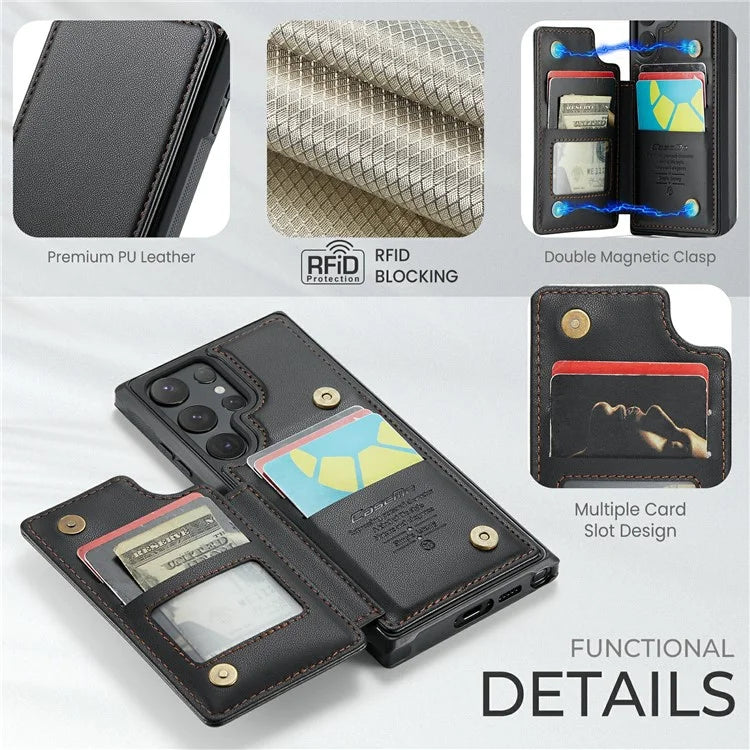 CASEME C22 Series For Samsung Galaxy S24 Ultra Cell Phone Case Glossy RFID Blocking 5 Card Slots Cover