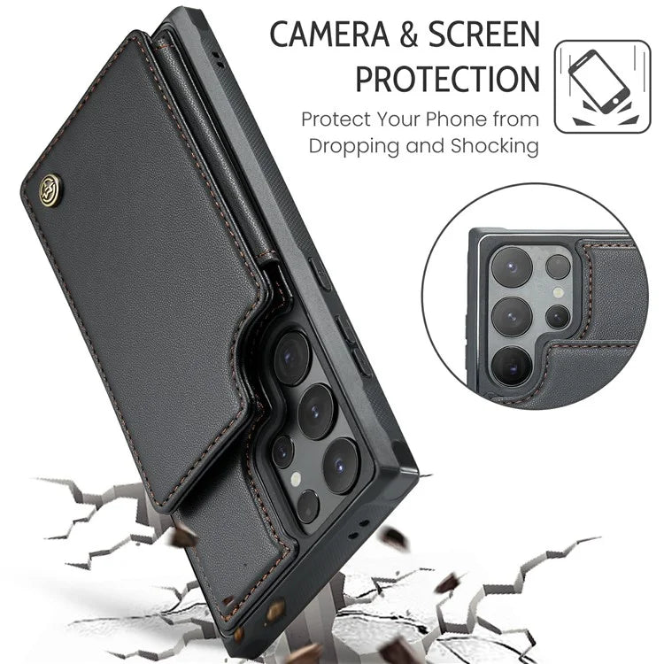 CASEME C22 Series For Samsung Galaxy S24 Ultra Cell Phone Case Glossy RFID Blocking 5 Card Slots Cover