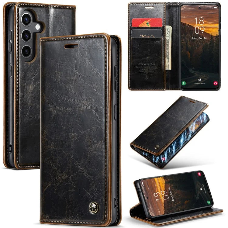 CASEME 003 Series For Samsung Galaxy S24+ Wallet Case Retro Waxy Crazy Horse Texture Cover