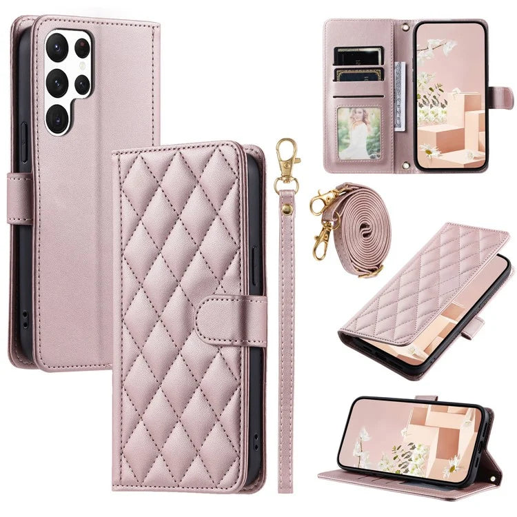 For Samsung Galaxy S22 Ultra 5G Case Rhombus Grid Crossbody Wallet Phone Protector