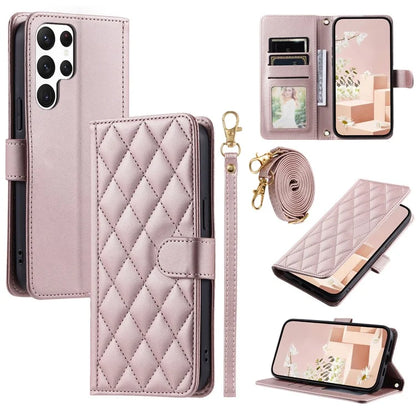 For Samsung Galaxy S22 Ultra 5G Case Rhombus Grid Crossbody Wallet Phone Protector