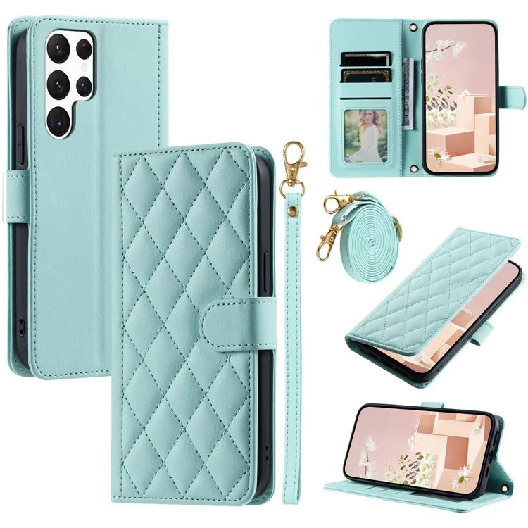 For Samsung Galaxy S22 Ultra 5G Case Rhombus Grid Crossbody Wallet Phone Protector
