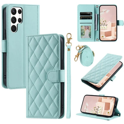 For Samsung Galaxy S22 Ultra 5G Case Rhombus Grid Crossbody Wallet Phone Protector