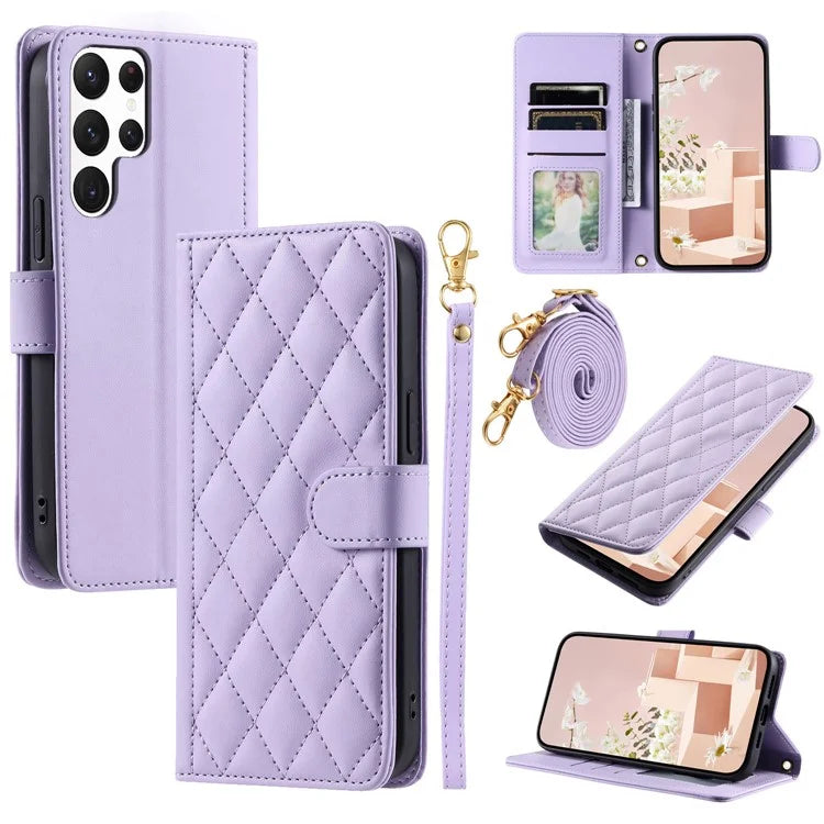 For Samsung Galaxy S22 Ultra 5G Case Rhombus Grid Crossbody Wallet Phone Protector