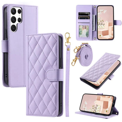 For Samsung Galaxy S22 Ultra 5G Case Rhombus Grid Crossbody Wallet Phone Protector