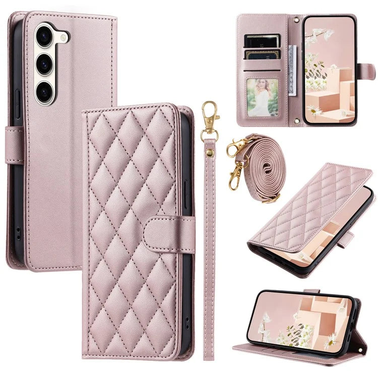 For Samsung Galaxy S23 Case Crossbody Wallet Phone Cover with Rhombus Grid Design