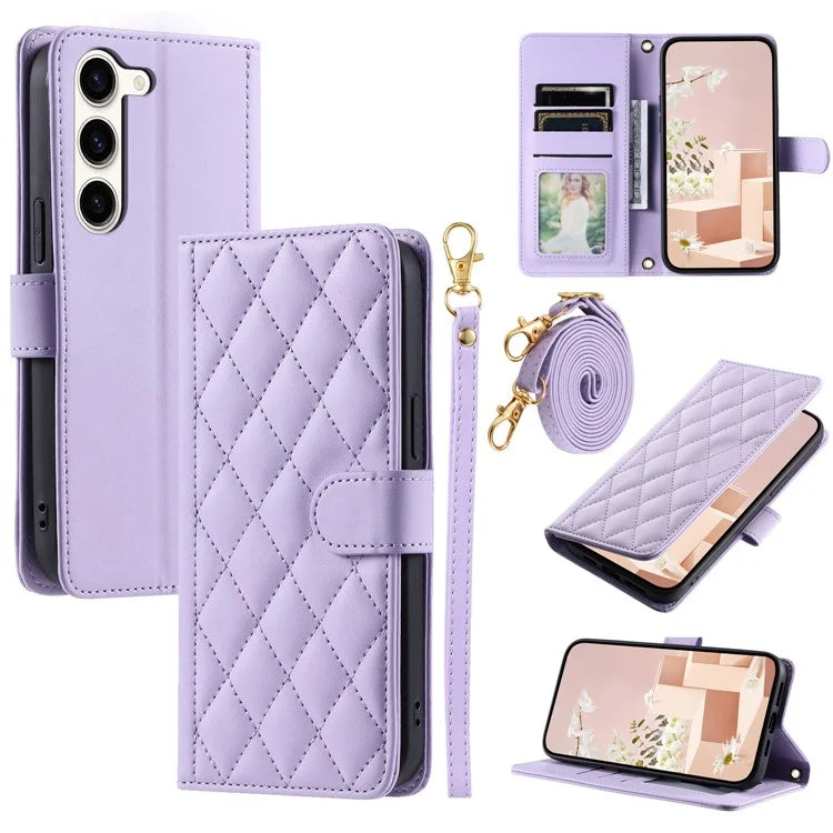 For Samsung Galaxy S23 Case Crossbody Wallet Phone Cover with Rhombus Grid Design