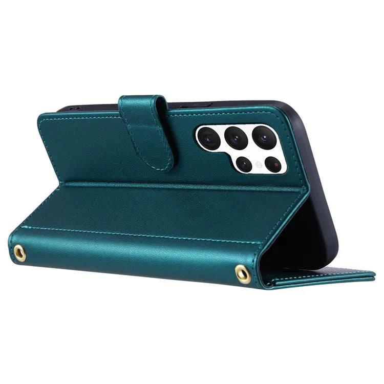 For Samsung Galaxy S23 Ultra Case Wallet Phone Cover with Shoulder Strap and Hand Strap