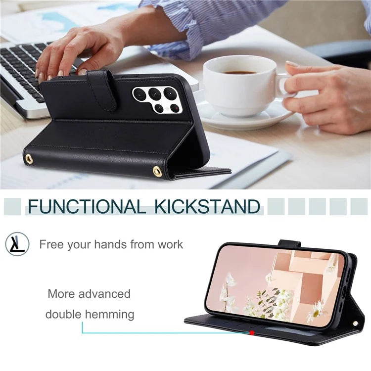 For Samsung Galaxy S23 Ultra Case Wallet Phone Cover with Shoulder Strap and Hand Strap