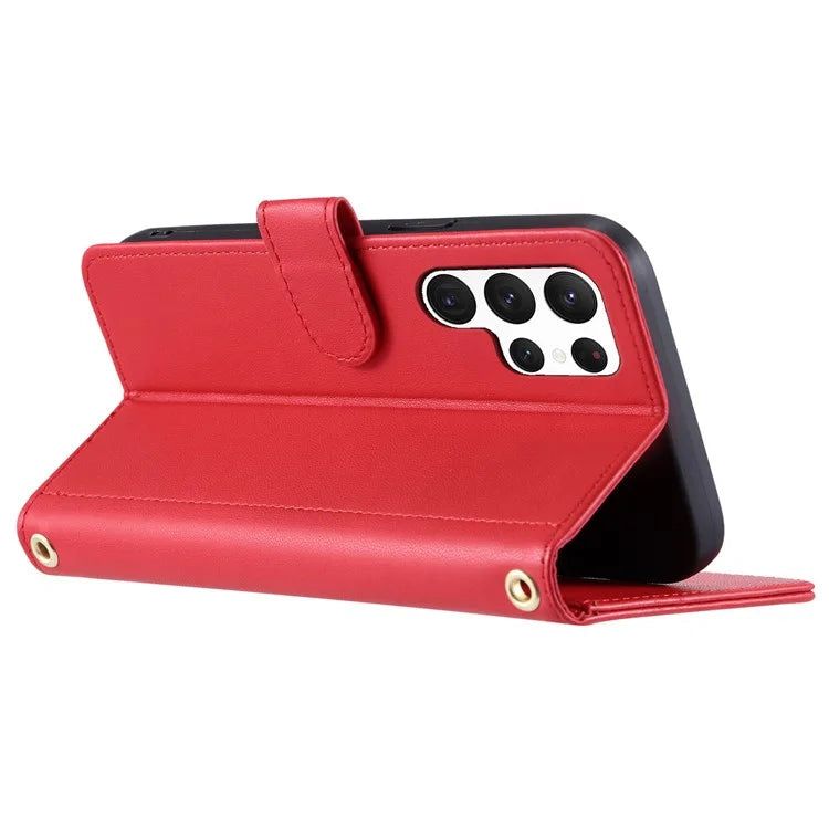 For Samsung Galaxy S23 Ultra Case Wallet Phone Cover with Shoulder Strap and Hand Strap