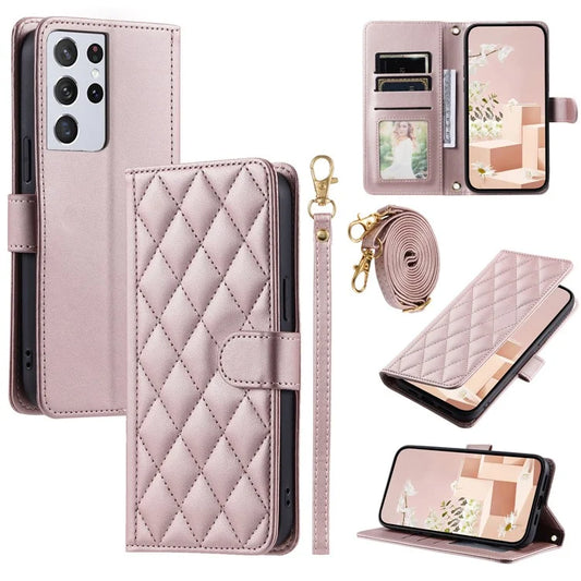 For Samsung Galaxy S21 Ultra 5G Wallet Case Leather Stand Cover Rhombus Grid