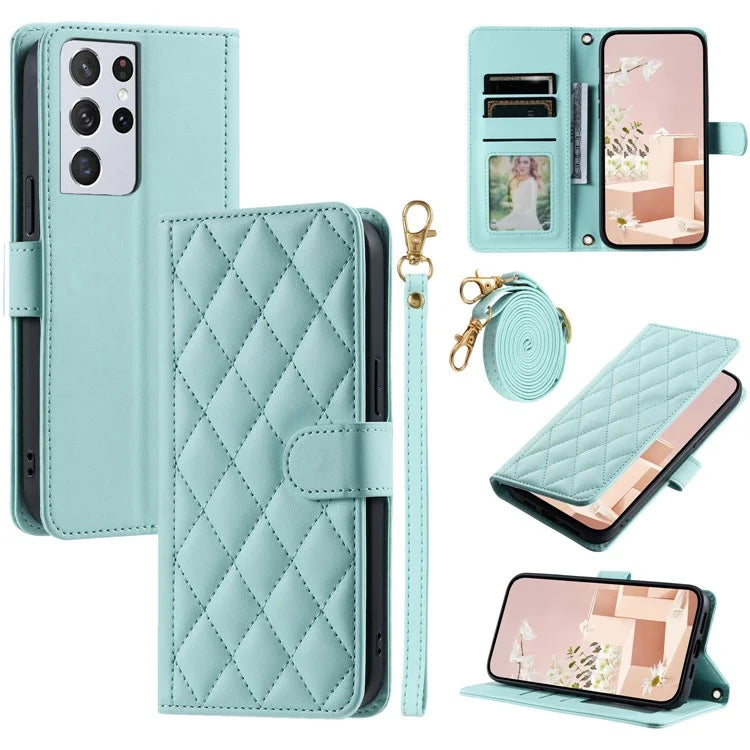 For Samsung Galaxy S21 Ultra 5G Wallet Case Leather Stand Cover Rhombus Grid