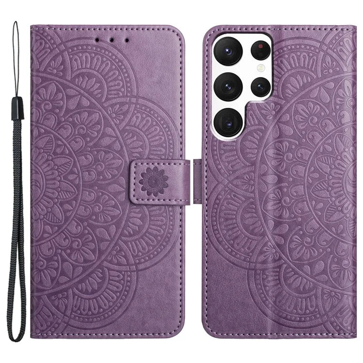 For Samsung Galaxy S22 Ultra 5G Wallet Case Flower Imprinted PU Leather Flip Phone Cover
