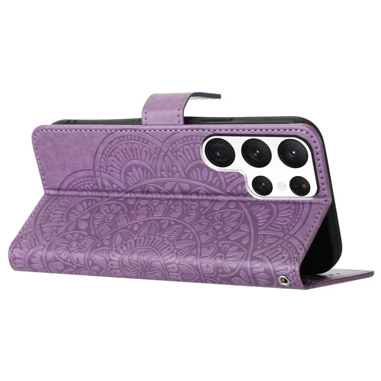 For Samsung Galaxy S22 Ultra 5G Wallet Case Flower Imprinted PU Leather Flip Phone Cover