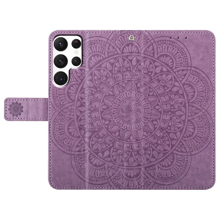 For Samsung Galaxy S22 Ultra 5G Wallet Case Flower Imprinted PU Leather Flip Phone Cover