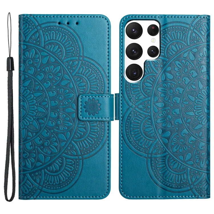 For Samsung Galaxy S22 Ultra 5G Wallet Case Flower Imprinted PU Leather Flip Phone Cover