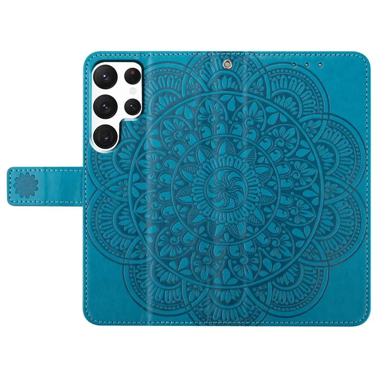 For Samsung Galaxy S22 Ultra 5G Wallet Case Flower Imprinted PU Leather Flip Phone Cover