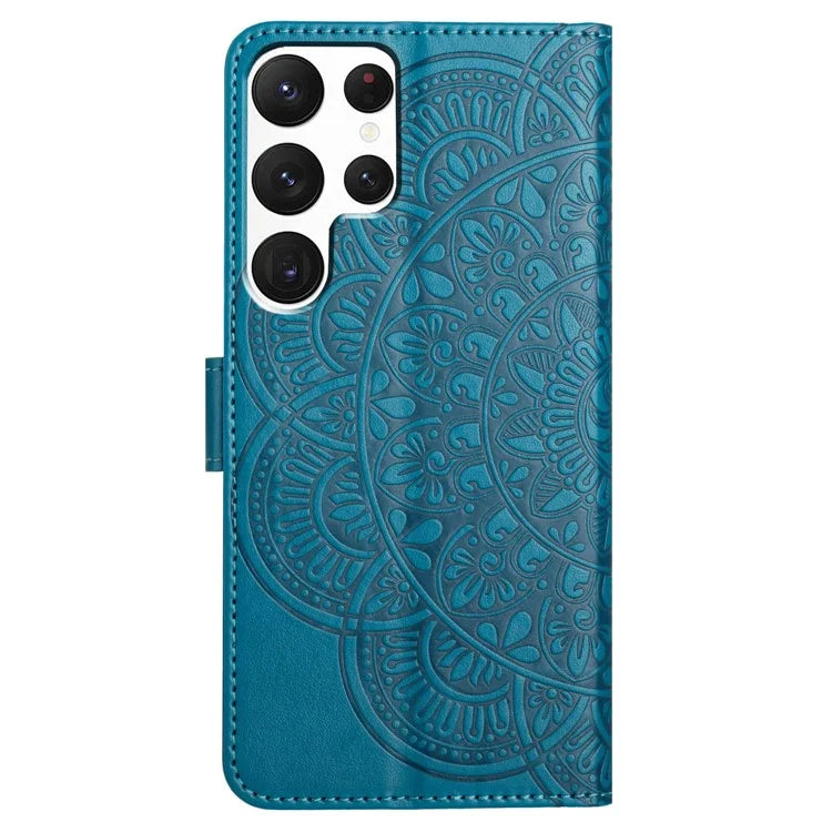 For Samsung Galaxy S22 Ultra 5G Wallet Case Flower Imprinted PU Leather Flip Phone Cover