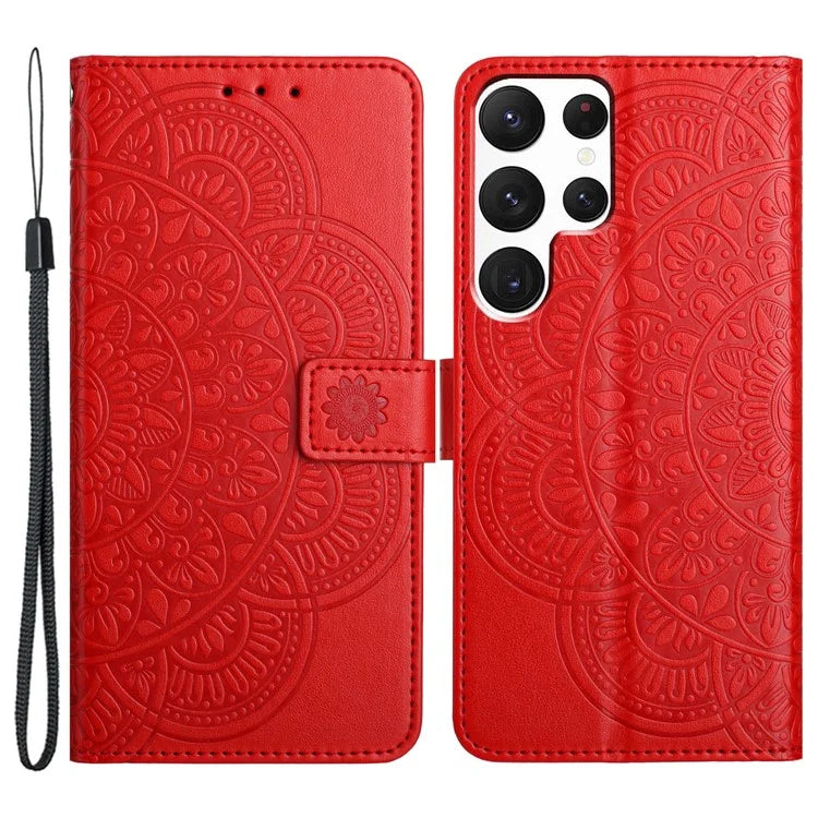 For Samsung Galaxy S22 Ultra 5G Wallet Case Flower Imprinted PU Leather Flip Phone Cover
