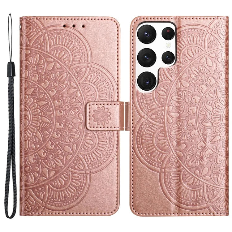 For Samsung Galaxy S22 Ultra 5G Wallet Case Flower Imprinted PU Leather Flip Phone Cover