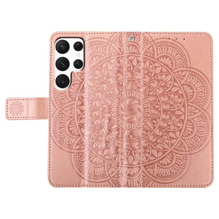 For Samsung Galaxy S22 Ultra 5G Wallet Case Flower Imprinted PU Leather Flip Phone Cover