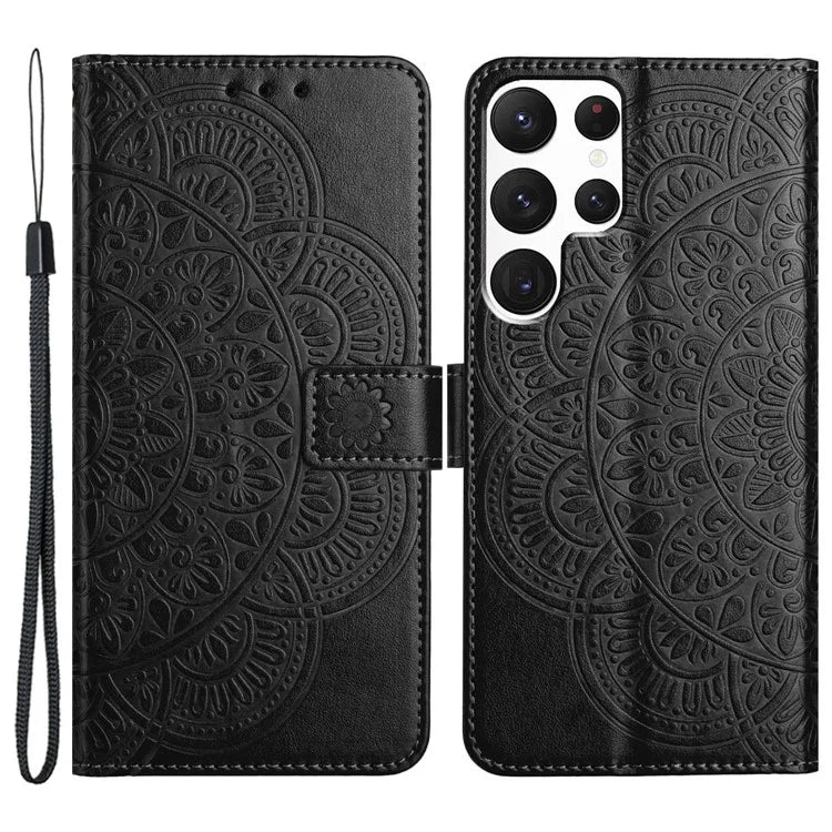 For Samsung Galaxy S22 Ultra 5G Wallet Case Flower Imprinted PU Leather Flip Phone Cover